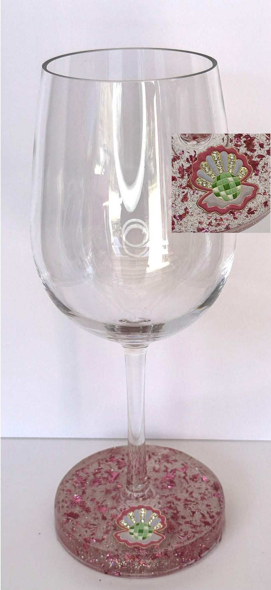 0048 Wine glass rhinestone pink/green seashell in pink