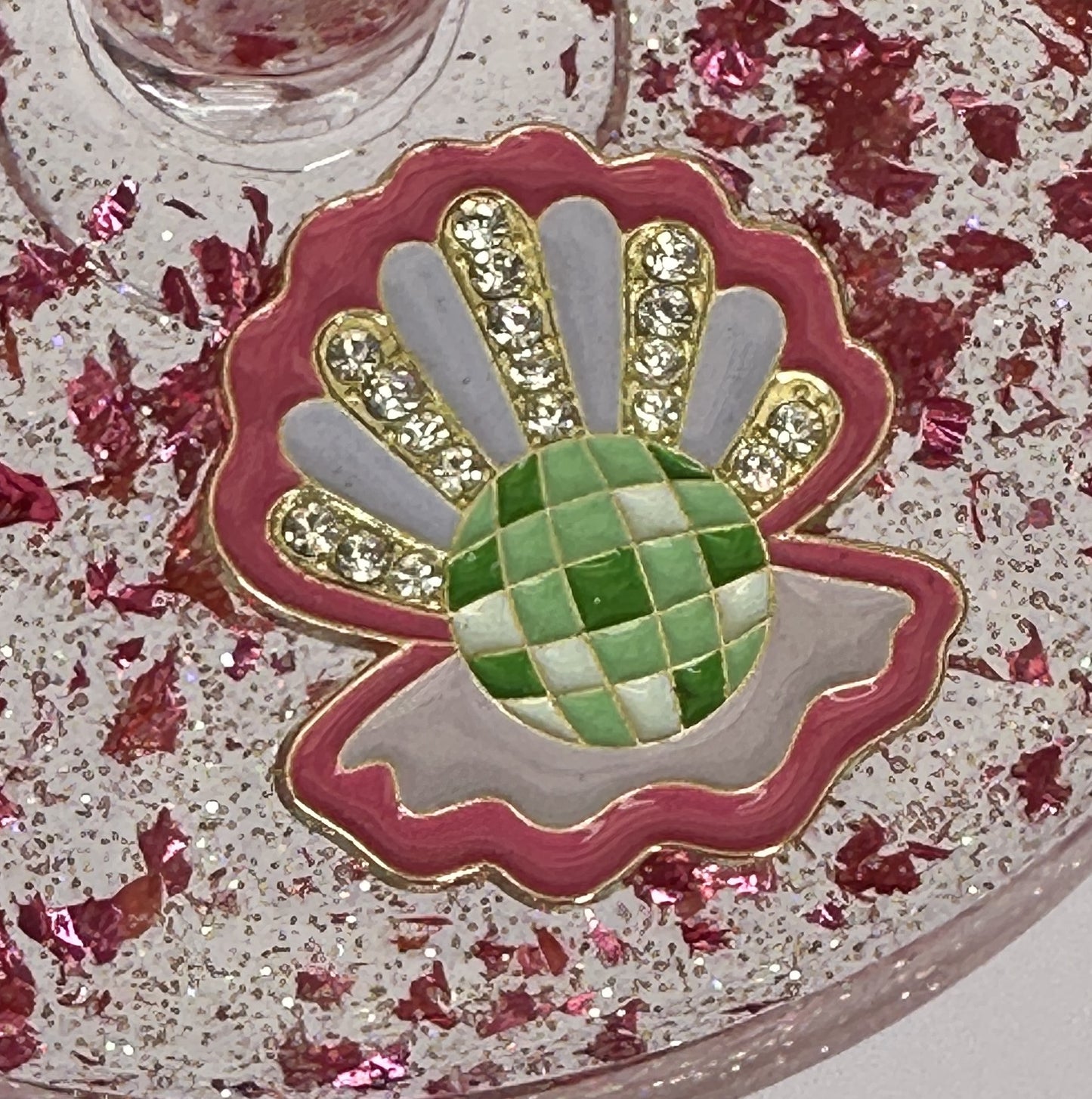 0048 Wine glass rhinestone pink/green seashell in pink