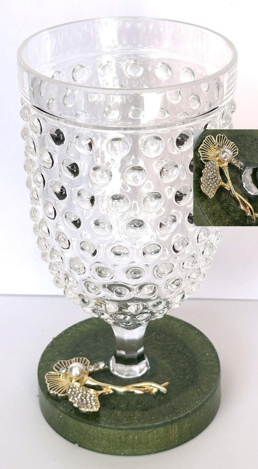 0050 Water glass gold rhinestone ginkgo leaf in green